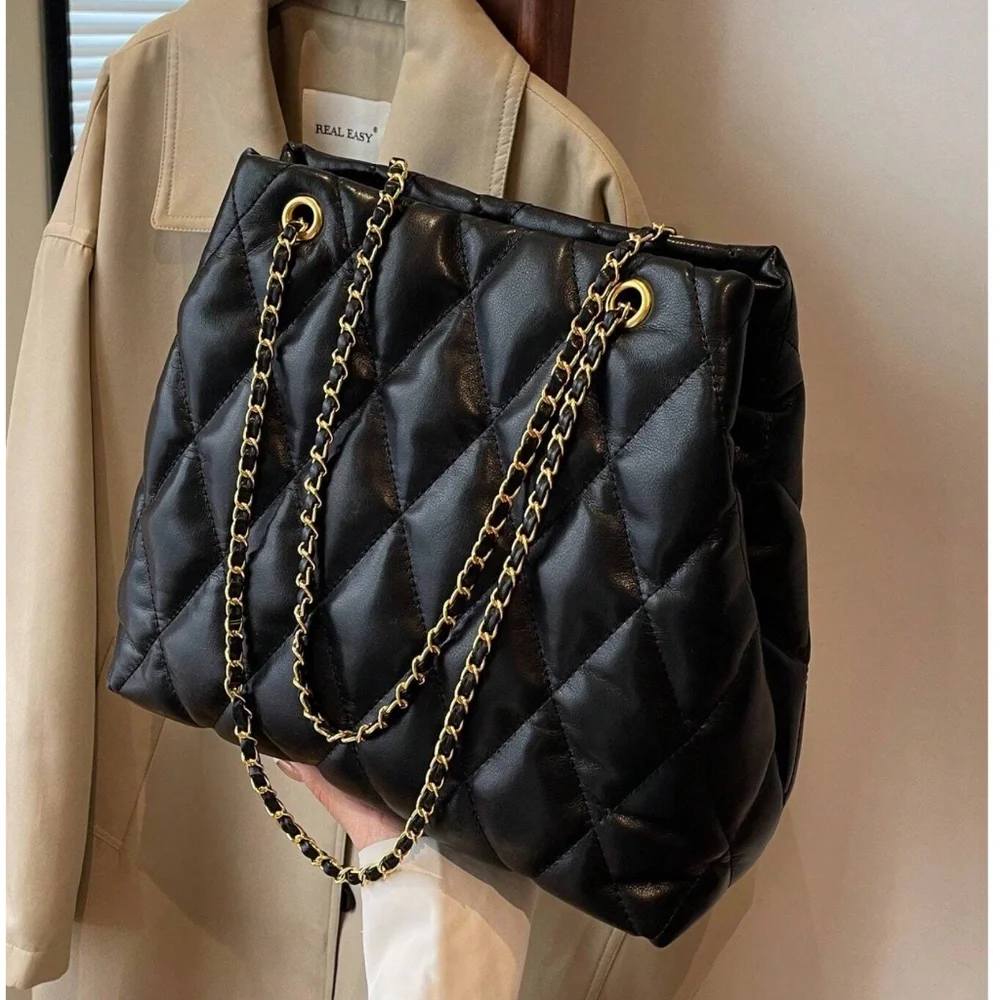 Luxe Black Vegan Leather Quilted Gold Tone chain Large Shoulder Bag - Picture 2 of 7